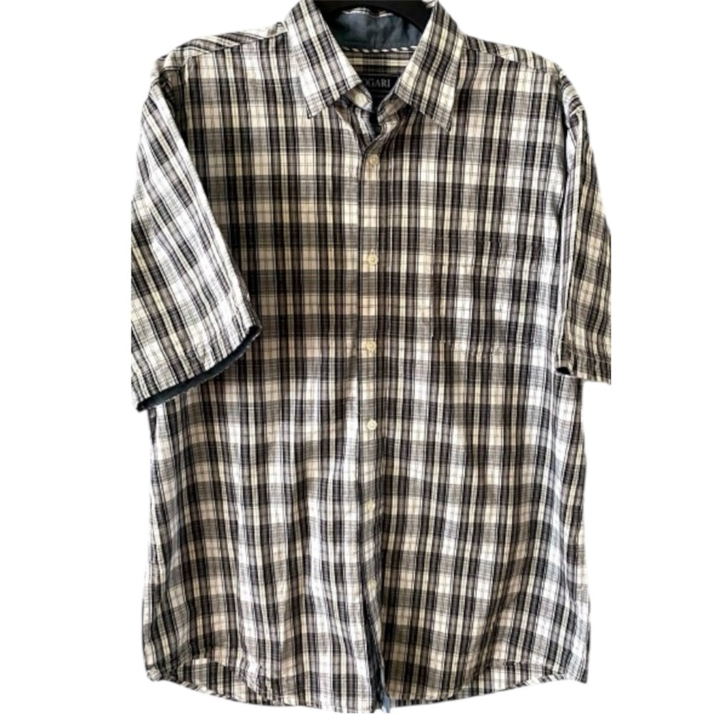 BOGARI Shirt, Sz L, Button Down, Plaid, 100% Cotton, Short sleeve​​​​, Geometric